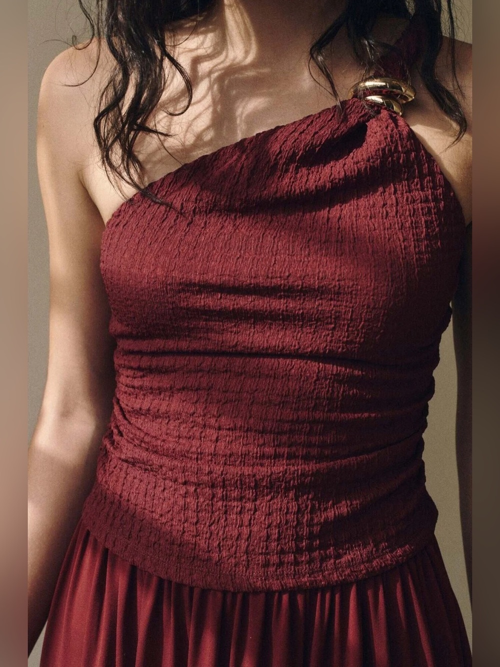 One-Shoulder Burgundy Knit Top with Gold Ring